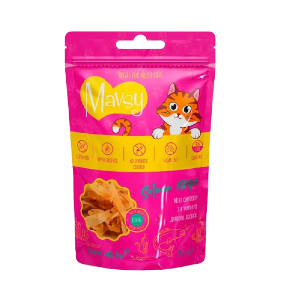 Mavsy (Мавси) Salmon Strips - Лакомство мини-полоски для кошек из вяленого дикого лосося 50 г