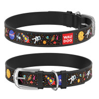 Waudog (ВауДог) Design "NASA" - Нашийник шкіряний для собак з QR паспортом у розмірі XXS, (Ш 12 мм Д 18-24 СМ) чорний