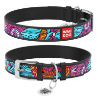 WauDog (ВауДог) Design рисунок "Лето" - Ошейник для собак кожаный черный (Ш 12 мм, Длин 18-24 см) XXS
