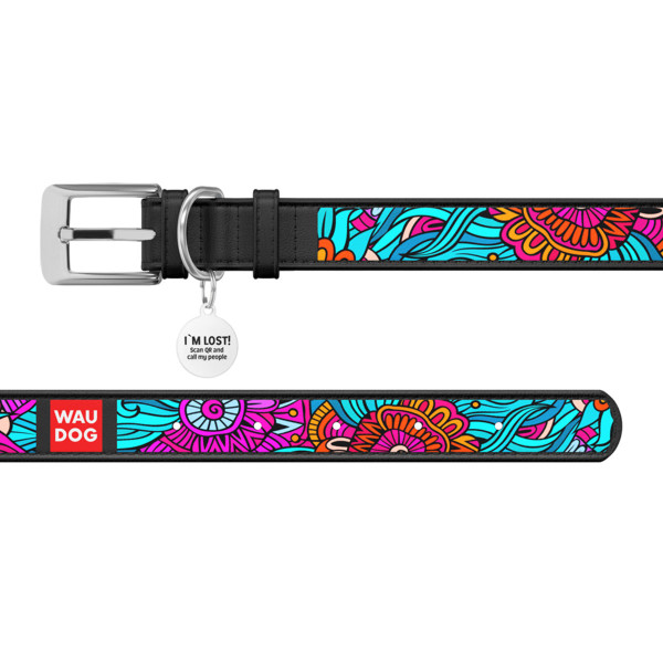 WauDog (ВауДог) Design рисунок "Лето" - Ошейник для собак кожаный черный (Ш 12 мм, Длин 20-28 см) XS