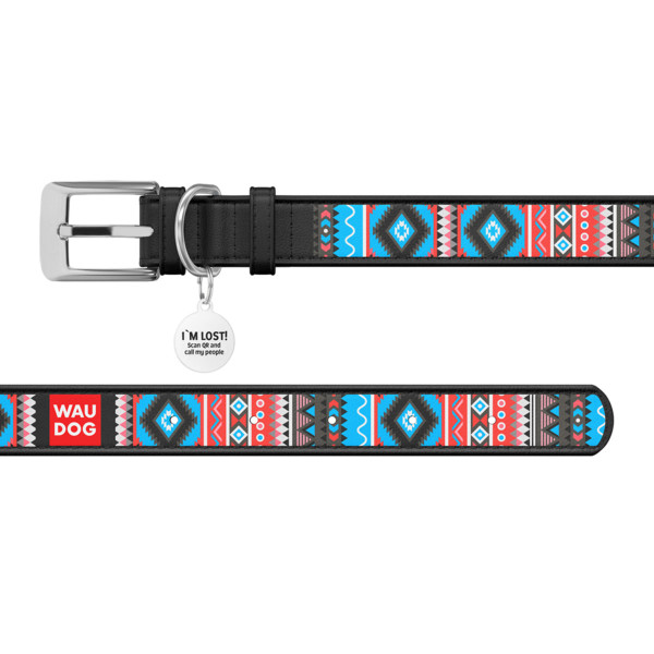WauDog (ВауДог) Design рисунок "Этно" - Ошейник для собак кожаный черный (Ш 20 мм, Длин 29-38 см) M