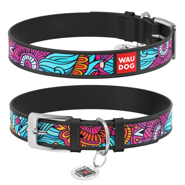 WauDog (ВауДог) Design рисунок "Лето" - Ошейник для собак кожаный черный (Ш 15 мм, Длин 26-35 см) S