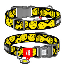 WAUDOG (ВАУДОГ) Nylon - Нашийник для собак нейлоновий з QR-паспортом малюнок "Смайли на чорному" пластиковий фастекс S 25-35 см