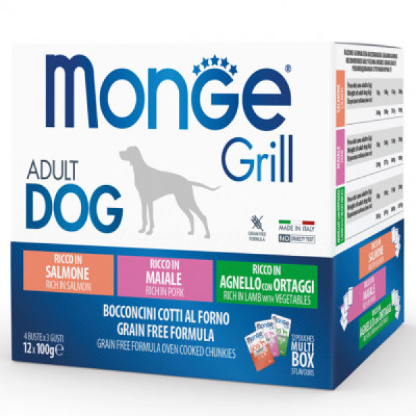 Monge (Монж) Grill Dog Grain Free Salmon, Lamb & Pork Mix Adult All Breeds - Набор влажного беззернового корма для взрослых собак всех пород с мясом лосося, ягнёнка и свинины 1.2 кг