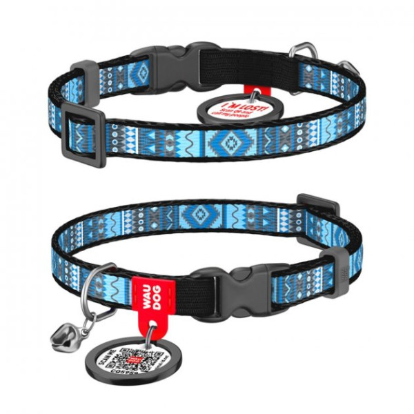 Нашийник для котів, "Етно синій", пласт. фастекс, Ш 10 мм, Довжина 20-30 см, XS, WAUDOG Nylon c QR
