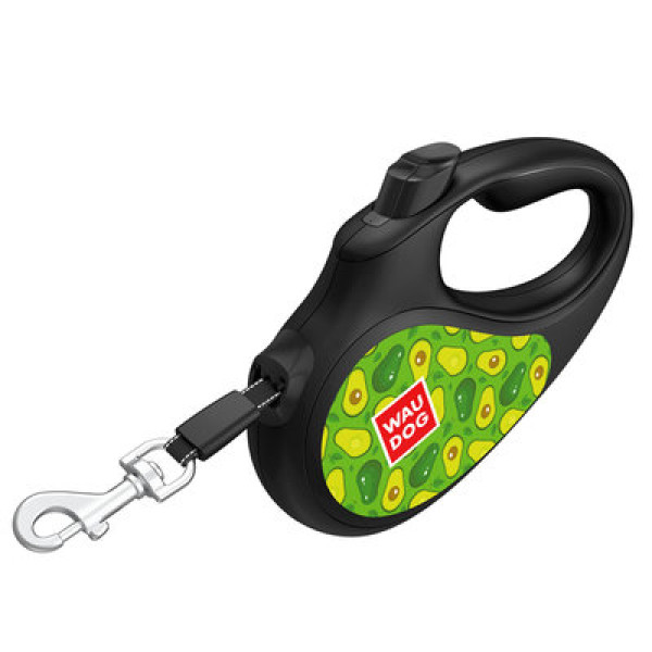WauDog (ВауДог) Re-Leash "Авокадо" - Повідець-рулетка для собак чорна зі світловідбивною стрічкою (В 15 кг, Дов 5 м) розмір S