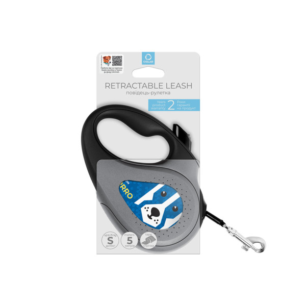 WauDog (ВауДог) Re-Leash "Патрон" - Повідець-рулетка для собак чорна зі світловідбивною стрічкою (В 15 кг, Дов 5 м) розмір S