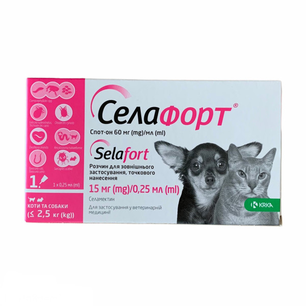 Selafort (Селафорт) - Капли на холку для кошек и собак от блох, клещей и гельминтов до 2,5 кг