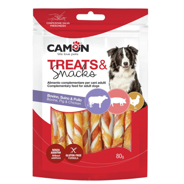 Camon (Камон) Dog Treats Twisted Sticks With Beef Skin, Pork&Chicken - Лакомство для собак витые палочки с говяжьей кожей, свининой и курицей 80 г