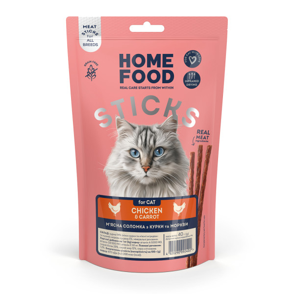 Home Food (Хоум Фуд) Cat Grain Free Chicken & Carrot Meat Strips All Life Stages - Лакомство беззерновое для котов всех возрастов мясная соломка с мясом курицы и морковью 40 г