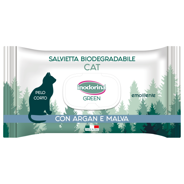 Inodorina (Инодорина) Green Argan E Malva - Влажные биоразлагаемые салфетки с аргановым маслом и мальвой для котов с короткой шерстью 30 шт