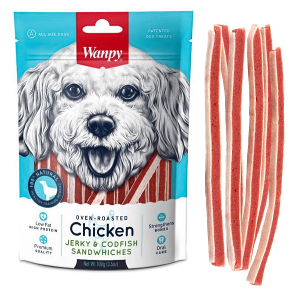 Wanpy (Ванпи) Chicken Jerky & Codfish Sandwiches Dog - Лакомство для собак, сэндвич курица с треской 100 г