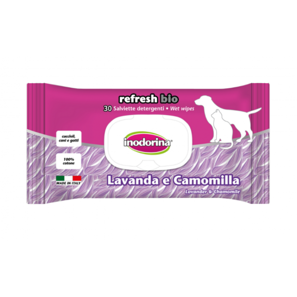 Inodorina (Инодорина) Refresh Bio Lavanda e Camomilla - Влажные биоразлагаемые салфетки для всех типов шерсти кошек и собак с ароматом лаванды и ромашки 30 шт