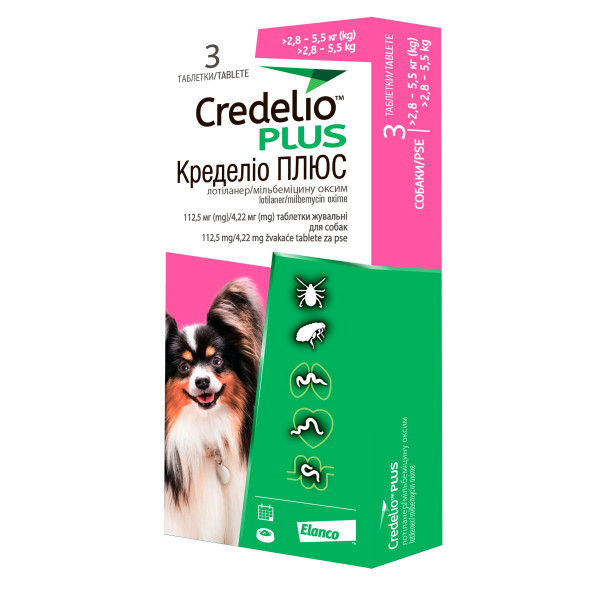 Credelio Plus (Кределио Плюс) - Таблетки от блох, клещей и глистов для собак весом от 2.8 до 5.5 кг