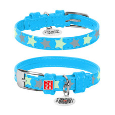 WauDog (ВауДог) Glamour "Зірочка" Blue - Нашийник для собак шкіряний світлонакопичувальний/світловідбивний блакитний (Ш 12 мм, Дов 19-25 см) XS