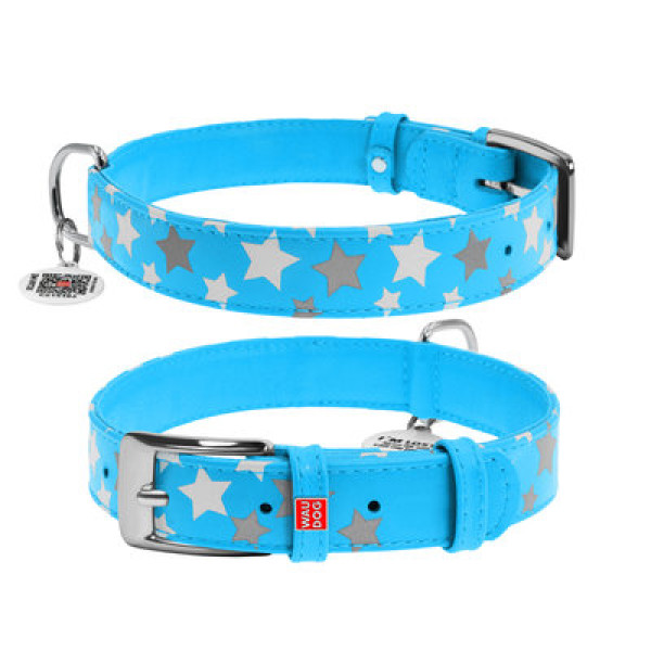 WauDog (ВауДог) Glamour "Звездочка" Blue - Ошейник для собак кожаный светонакопительный/светоотражающий голубой (Ш 20 мм, Длин 30-39 см) M