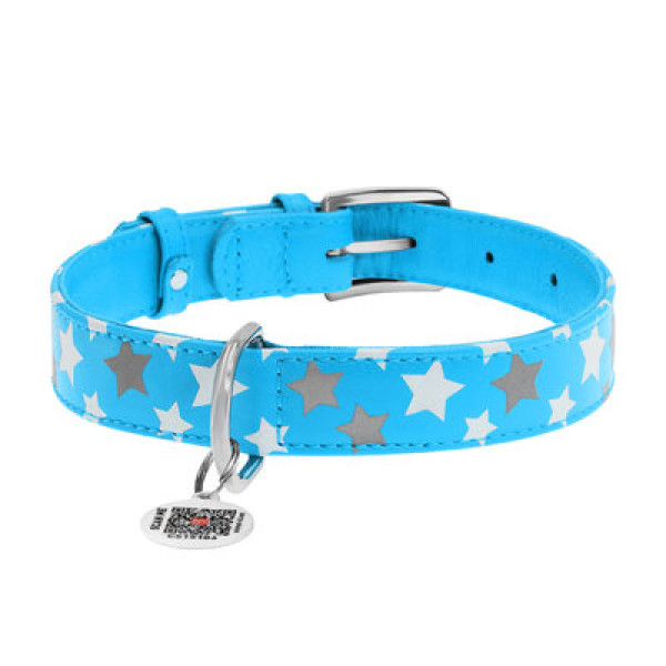 WauDog (ВауДог) Glamour "Звездочка" Blue - Ошейник для собак кожаный светонакопительный/светоотражающий голубой (Ш 20 мм, Длин 30-39 см) M