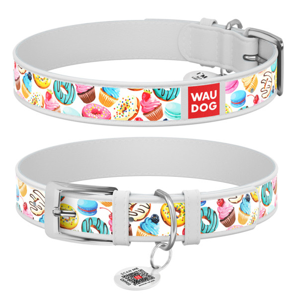 WauDog (ВауДог) Design рисунок "Пончики" - Ошейник для собак кожаный белый (Ш 35 мм, Длин 46-59 см) XL