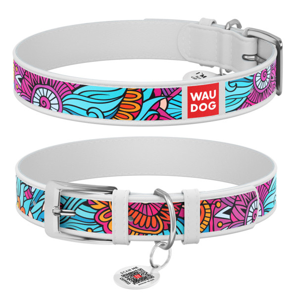 WauDog (ВауДог) Design рисунок "Лето" - Ошейник для собак кожаный белый (Ш 35 мм, Длин 46-59 см) XL