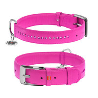WauDog (ВауДог) Glamour Pink - Ошейник для собак кожаный двойной со стразами розовый (Ш 15 мм, Длин 27-36 см) S