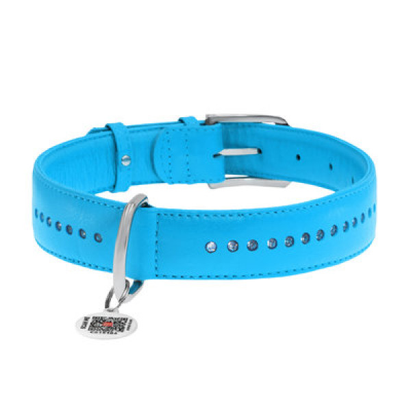 WauDog (ВауДог) Glamour Blue - Ошейник для собак кожаный двойной со стразами голубой (Ш 20 мм, Длин 30-39 см) M