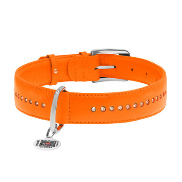 WauDog (ВауДог) Glamour Orange - Ошейник для собак кожаный двойной со стразами оранжевый (Ш 20 мм, Длин 30-39 см) M