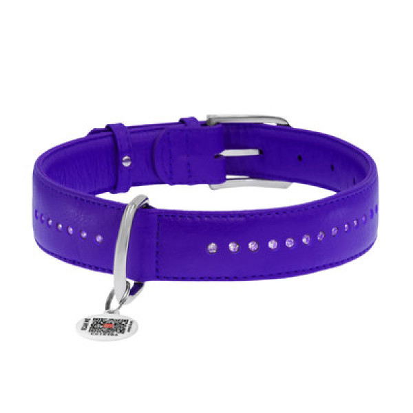 WauDog (ВауДог) Glamour Violet - Ошейник для собак кожаный двойной со стразами фиолетовый (Ш 20 мм, Длин 30-39 см) M