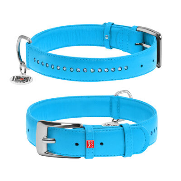 WauDog (ВауДог) Glamour Blue - Ошейник для собак кожаный двойной со стразами голубой (Ш 25 мм, Длин 38-49 см) L
