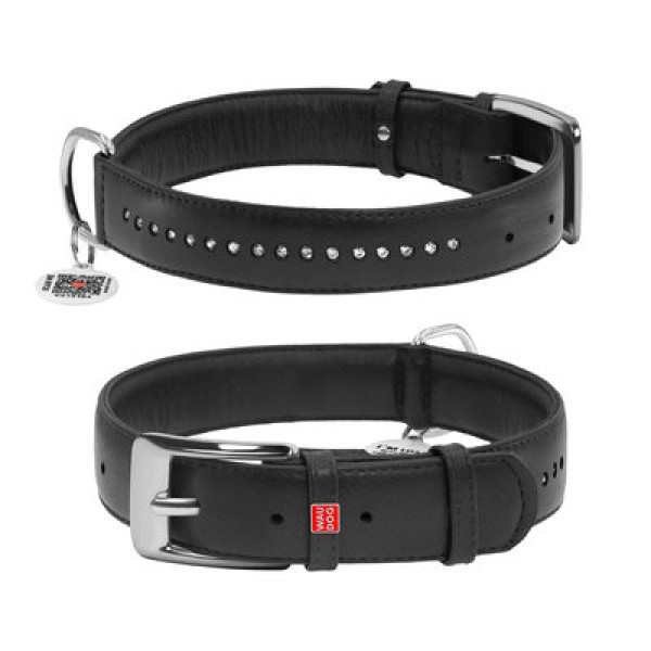 WauDog (ВауДог) Glamour Black - Ошейник для собак кожаный двойной со стразами черный (Ш 35 мм, Длин 46-60 см) XL