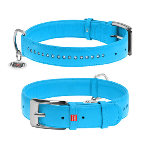 WauDog (ВауДог) Glamour Blue - Ошейник для собак кожаный двойной со стразами голубой (Ш 35 мм, Длин 46-60 см) XL