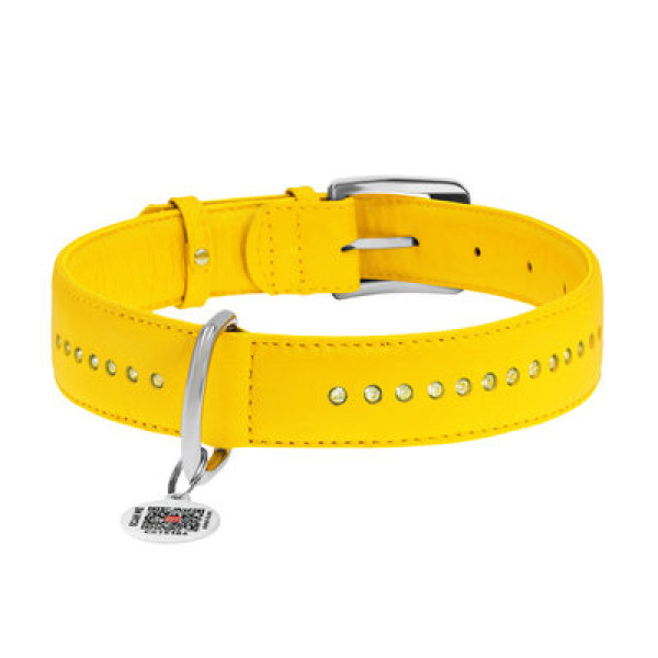WauDog (ВауДог) Glamour Yellow - Ошейник для собак кожаный двойной со стразами желтый (Ш 35 мм, Длин 46-60 см) XL