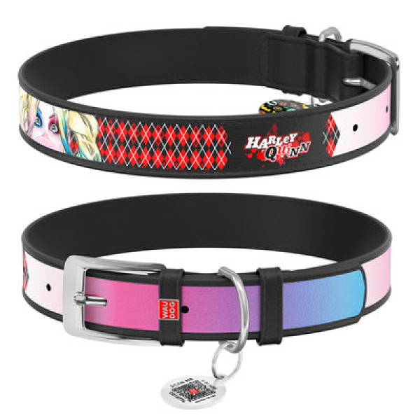WauDog (ВауДог) Design малюнок "Харлі Квін" - Нашийник для собак шкіряний чорний (Ш 15 мм, Дов 26-35 см) S