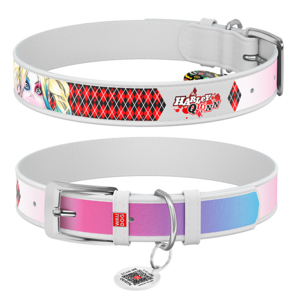 WauDog (ВауДог) Design рисунок "Харли Квин" - Ошейник для собак кожаный белый (Ш 25 мм, Длин 38-49 см) L