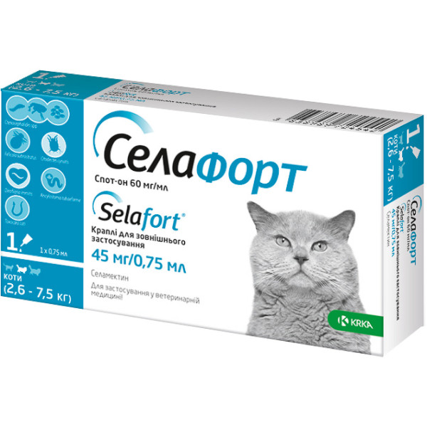 Selafort (Селафорт) - Капли на холку для кошек от блох, клещей и гельминтов от 2,6 до 7,5 кг