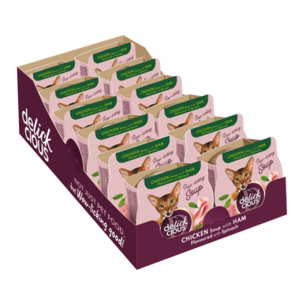 Delickcious (Деликшиз) Cat Soup With Chicken&Ham - Супчик для кошек из курицы с ветчиной и добавлением шпината 80 г