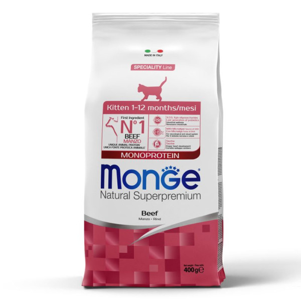 Monge (Монж) Cat Beef Monoprotein Kitten - Сухой монопротеиновый корм для котят, беременных и кормящих кошек с мясом говядины 400 г