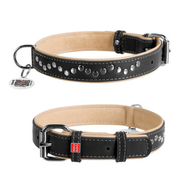 WauDog (ВауДог) Soft - Ошейник для собак кожаный с металлическими украшениями черный (Ш 25 мм, Длин 38-49 см) L