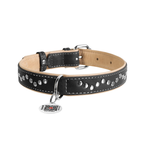 WauDog (ВауДог) Soft - Ошейник для собак кожаный с металлическими украшениями черный (Ш 25 мм, Длин 38-49 см) L