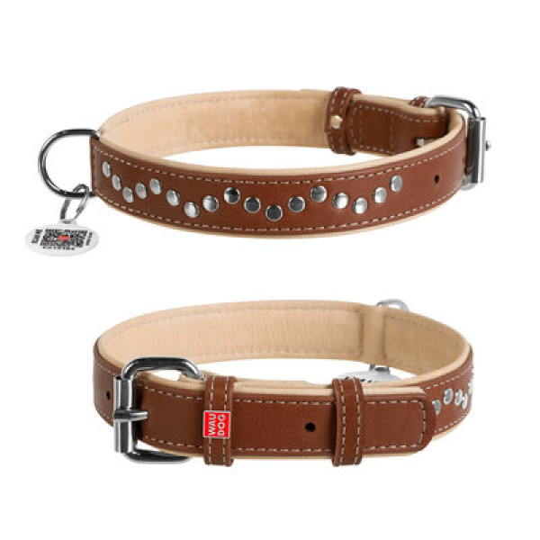 WauDog (ВауДог) Soft - Ошейник для собак кожаный с металлическими украшениями коричневый (Ш 25 мм, Длин 38-49 см) L
