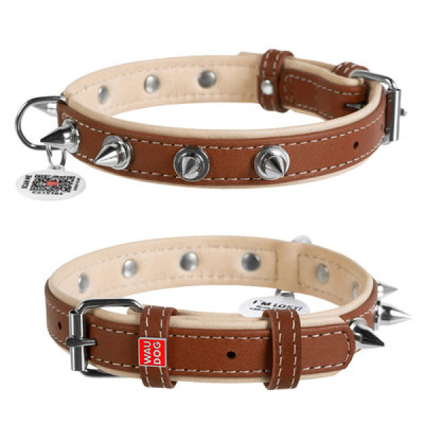 WauDog (ВауДог) Soft - Ошейник для собак кожаный с шипами коричневый (Ш 35 мм, Длин 46-60 см) XL