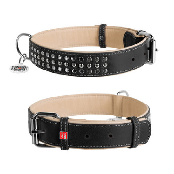 WauDog (ВауДог) Soft - Ошейник для собак кожаный с металлическими украшениями черный (Ш 35 мм, Длин 46-60 см) XL