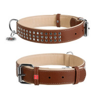 WauDog (ВауДог) Soft - Ошейник для собак кожаный с металлическими украшениями коричневый (Ш 35 мм, Длин 46-60 см) XL