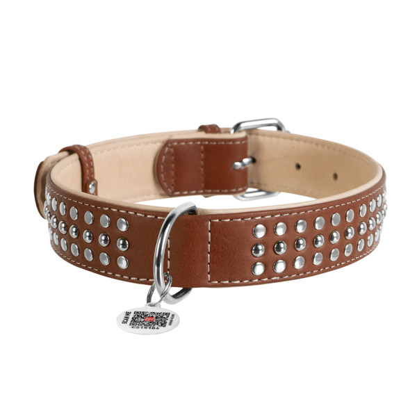 WauDog (ВауДог) Soft - Ошейник для собак кожаный с металлическими украшениями коричневый (Ш 35 мм, Длин 57-71 см) XXL