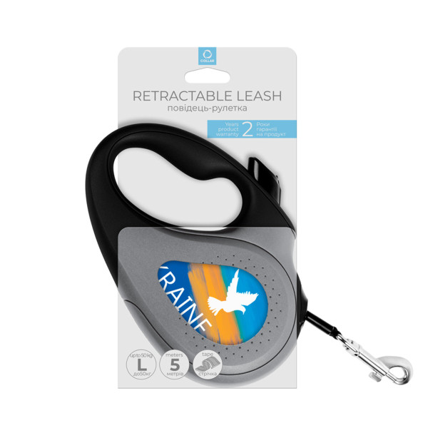 WauDog (ВауДог) Re-Leash "Прапор" - Повідець-рулетка для собак чорна зі світловідбивною стрічкою (В 50 кг, Дов 5 м) розмір