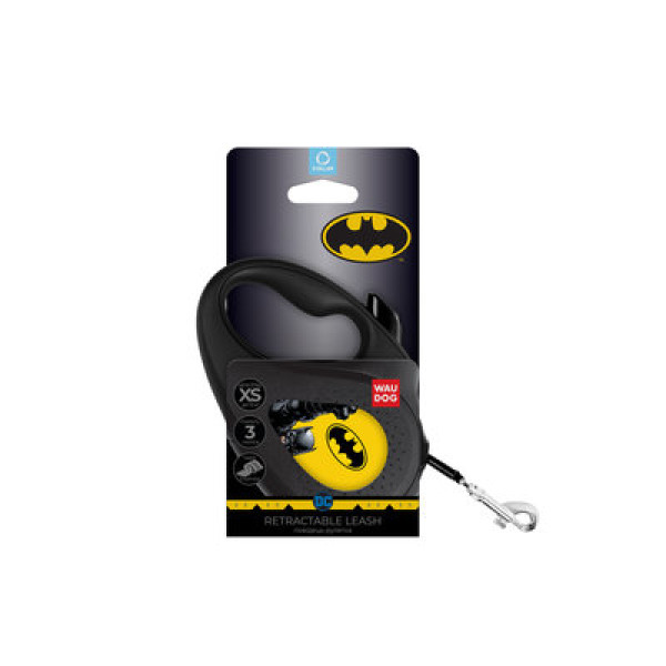 WauDog (ВауДог) Re-Leash "Бетмен Жовтий" - Повідець-рулетка для собак чорна зі світловідбивною стрічкою (В 12 кг, Дов 3 м) розмір XS
