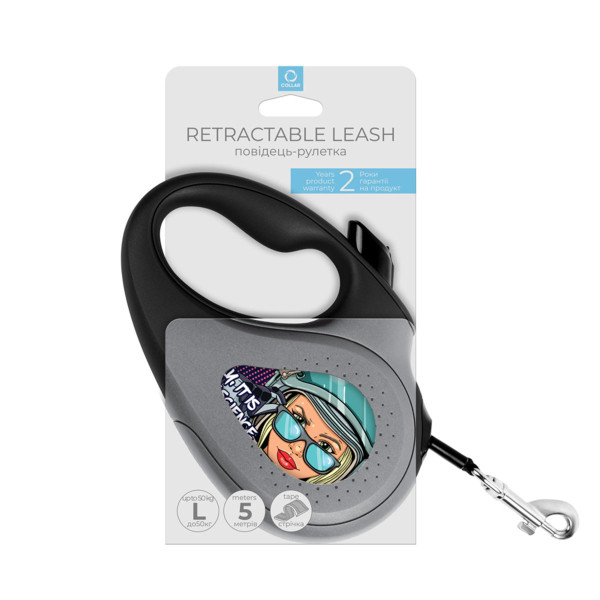 WauDog (ВауДог) Re-Leash "Ракетобудування" - Повідець-рулетка для собак чорна зі світловідбивною стрічкою (В 50 кг, Дов 5 м) розмір L