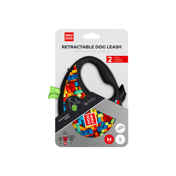 WauDog (ВауДог) Re-Leash "Блоки" - Повідець-рулетка для собак чорна зі світловідбивною стрічкою та відсіком для пакетів (В 20 кг, Дов 5 м) розмір M