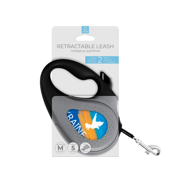 WauDog (ВауДог) Re-Leash "Прапор" - Повідець-рулетка для собак чорна зі світловідбивною стрічкою (В 25 кг, Дов 5 м) розмір M