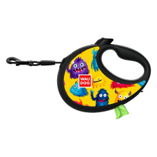 WauDog (ВауДог) Re-Leash "Мохнаті монстри" - Повідець-рулетка для собак чорна зі світловідбивною стрічкою та відсіком для пакетів (В 12 кг, Дов 3 м) розмір S