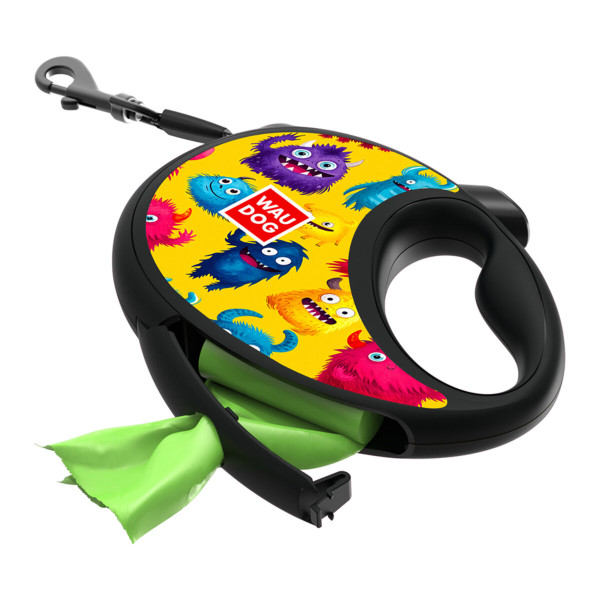WauDog (ВауДог) Re-Leash "Мохнаті монстри" - Повідець-рулетка для собак чорна зі світловідбивною стрічкою та відсіком для пакетів (В 12 кг, Дов 3 м) розмір S